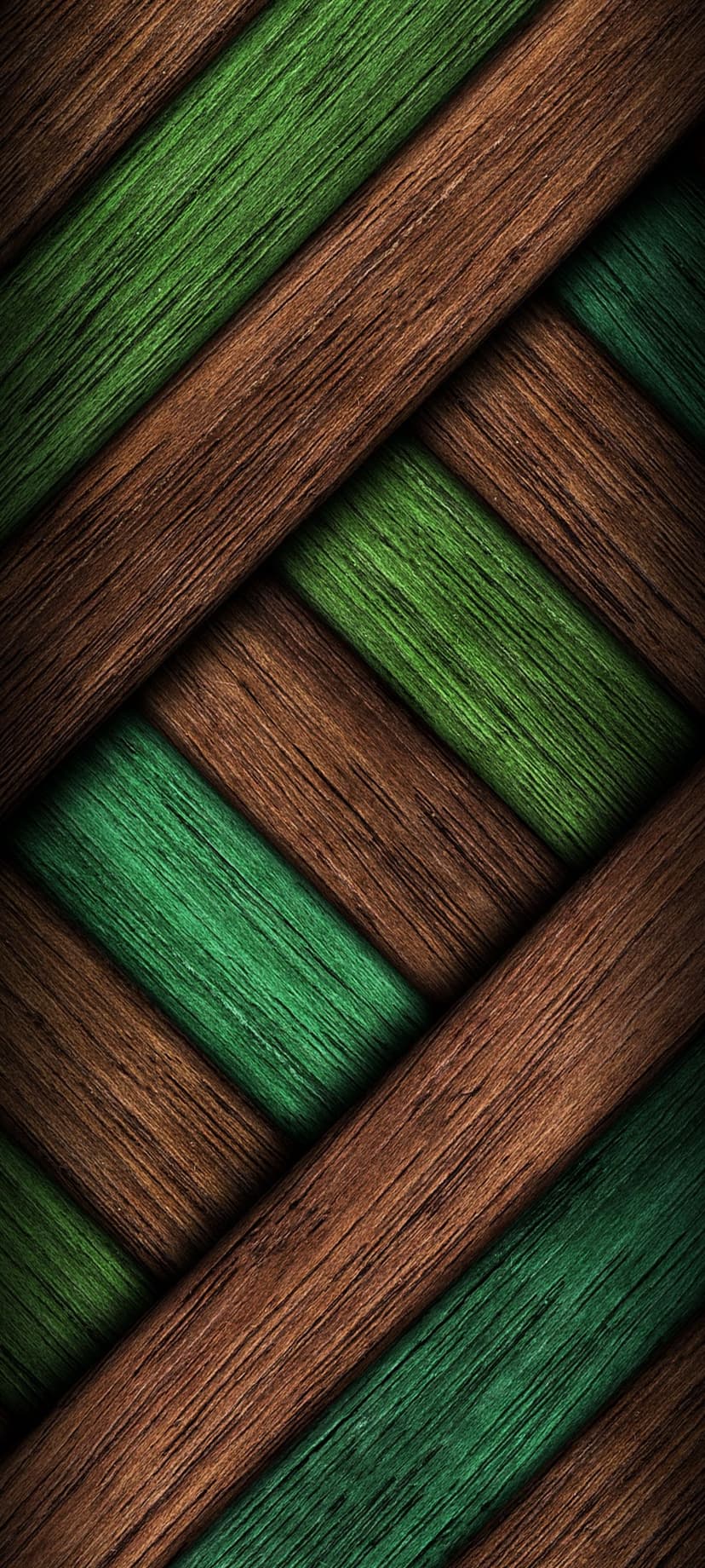 Diagonally woven wooden slats in alternating shades of forest green and dark brown with visible grain texture.