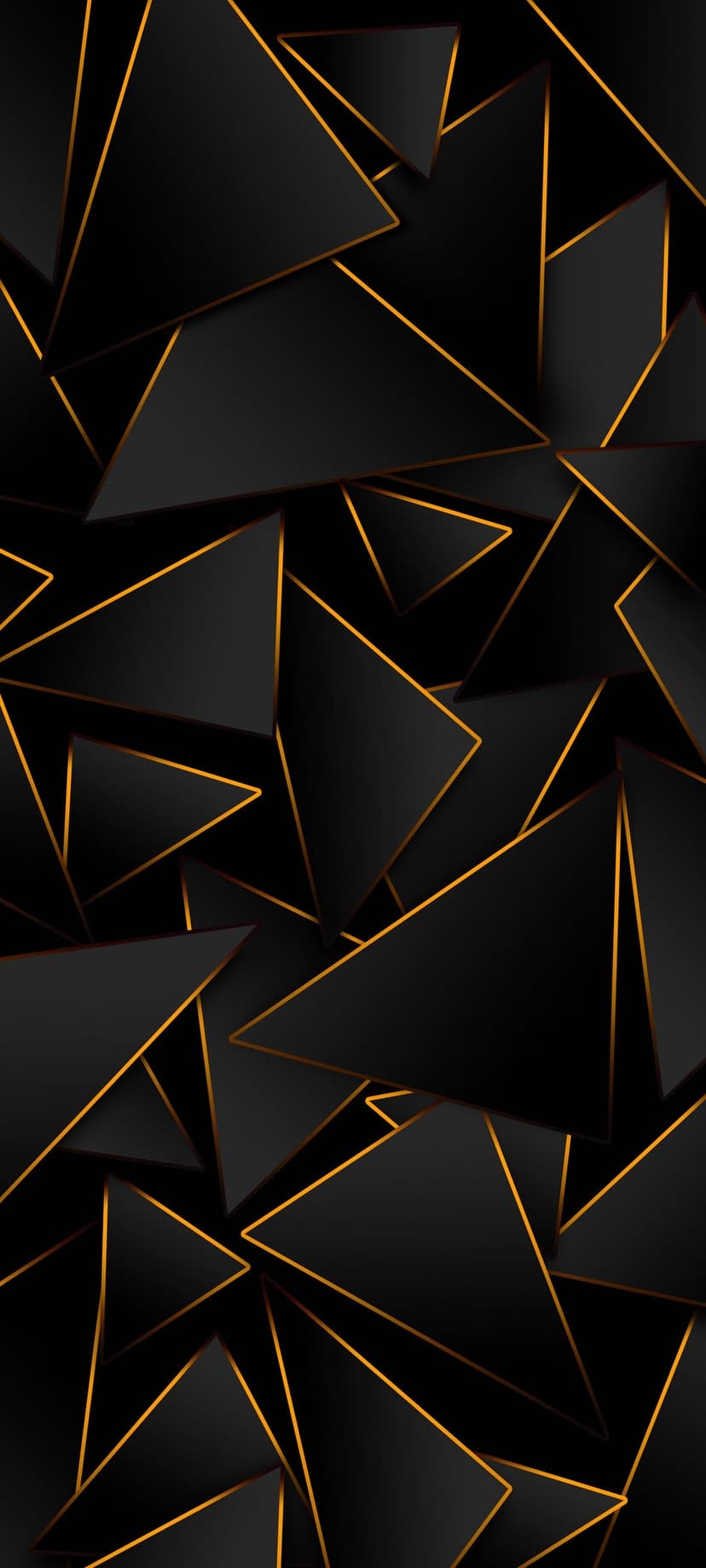Interlocking black triangles with thin gold outlines overlap to create a dense geometric pattern with depth.