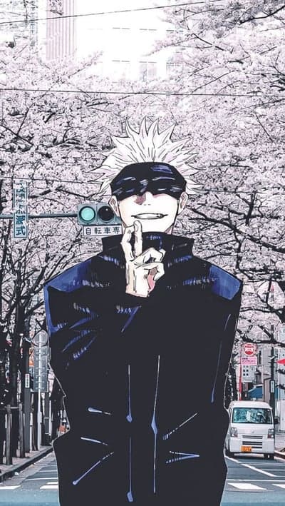 Satoru Gojo Sakura Street Scene Mobile Background