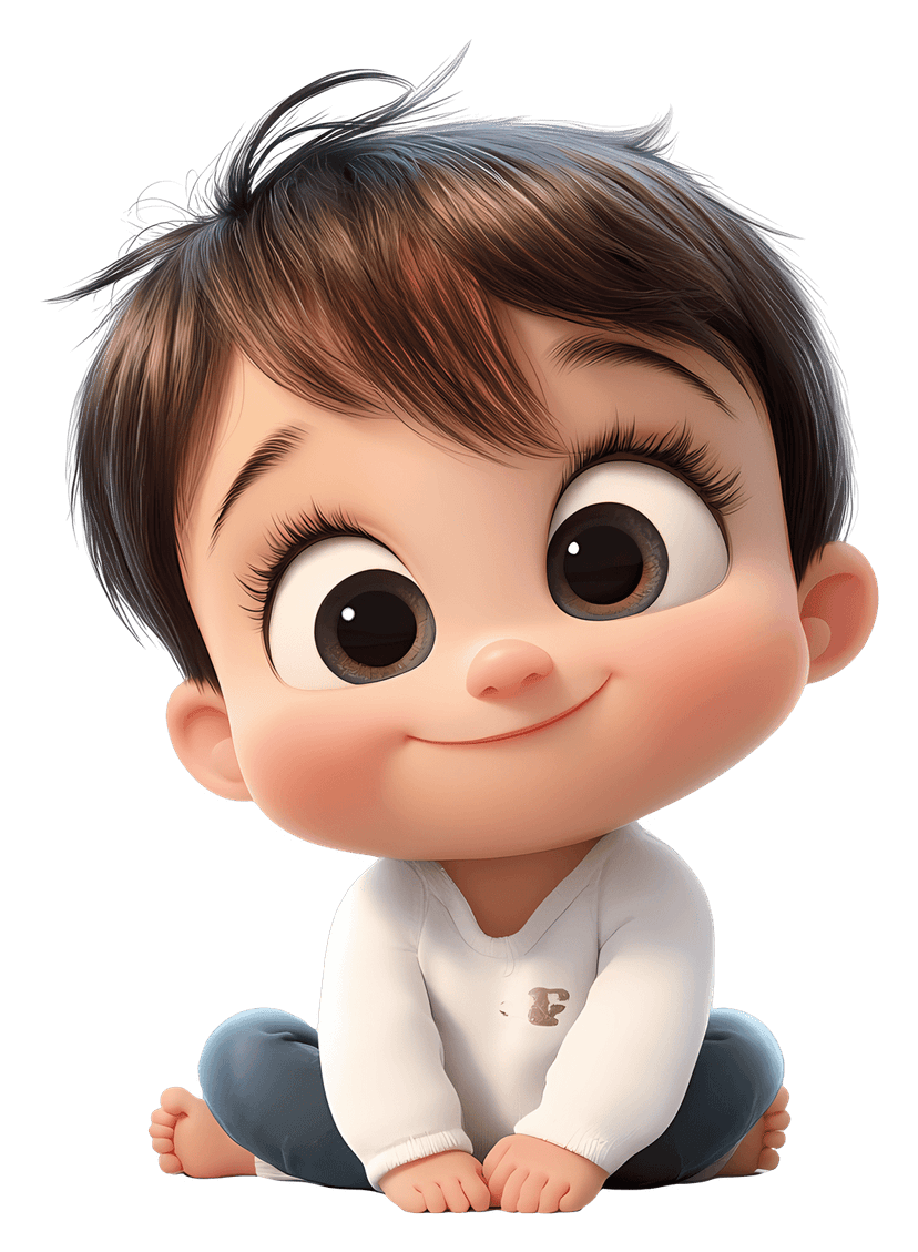Infant character cartoon illustration with large eyes and a smiling expression on a transparent background.