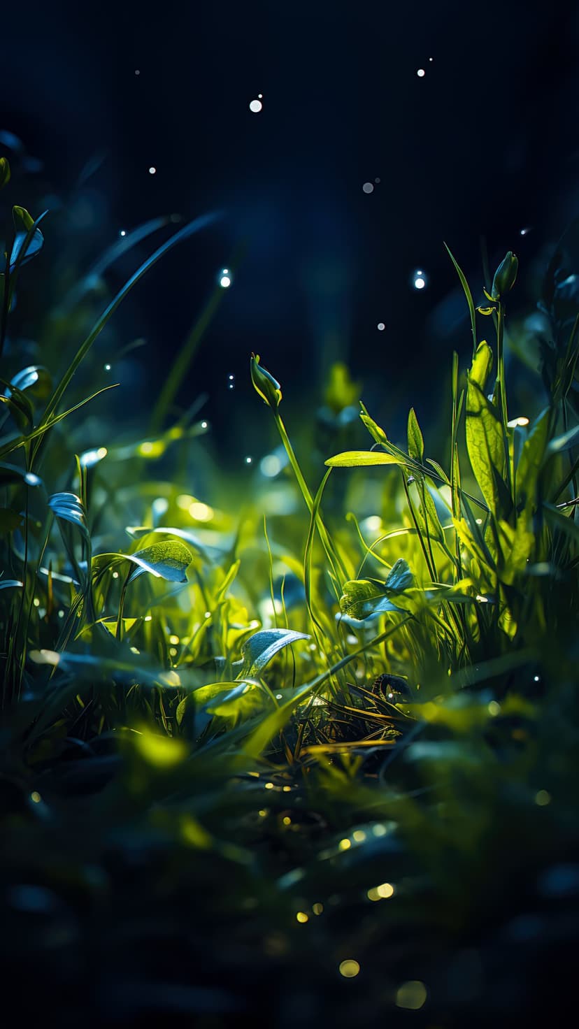 Fireflies glowing with warm light hover above thick blades of green grass in a dark nocturnal forest.