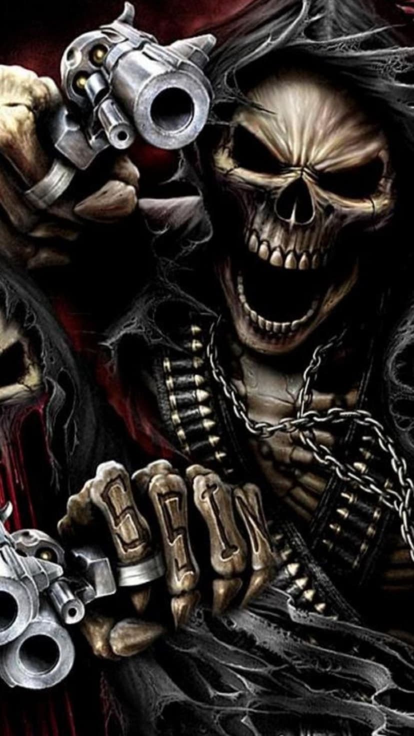 Skeletal grim reaper with a hooded cloak and bullet bandolier holding dual revolvers amidst rusted metal chains.