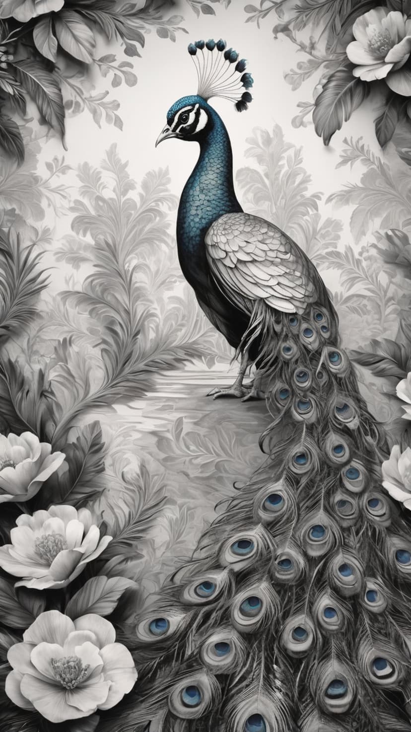 Peacock with vibrant blue tail feathers stands before a black and white floral tapestry of dense garden foliage.