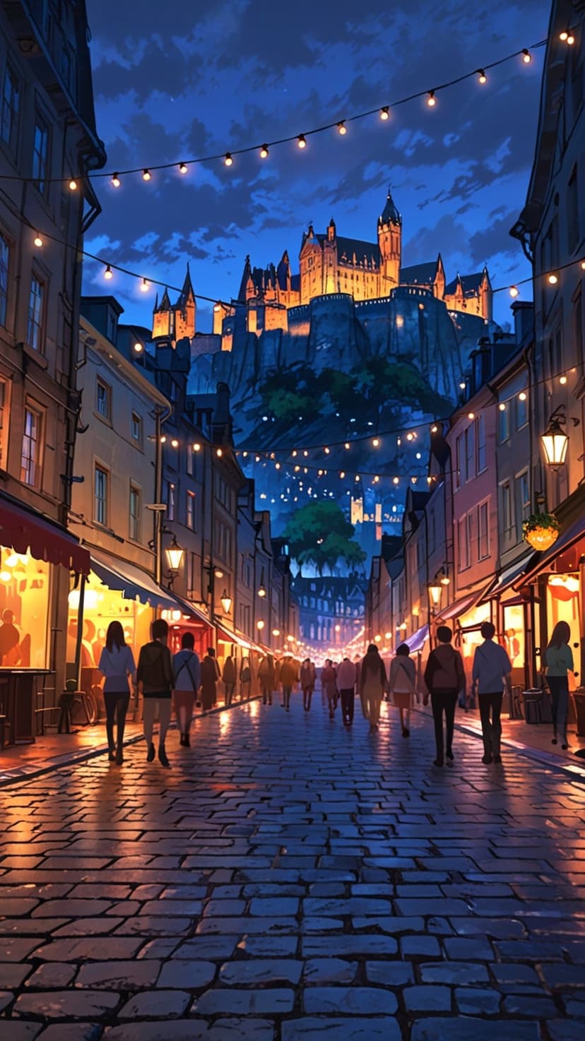 Glowing stone castle looms over a crowded cobblestone street lit by warm amber lanterns and hanging fairy lights.