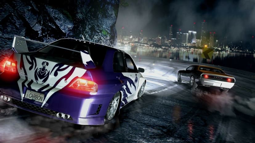 Custom Lancer Evolution drifting on a mountain road at night with a city skyline and muscle car background.