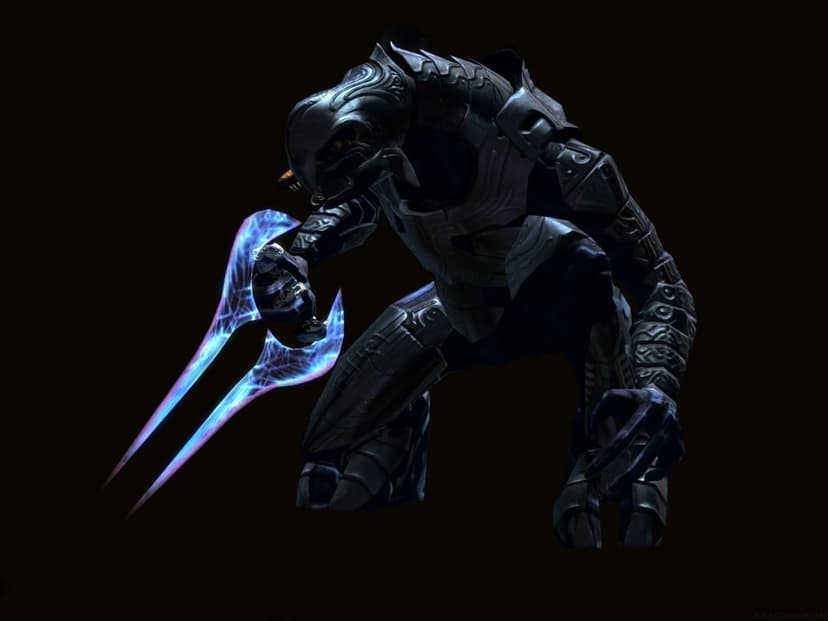 The Arbiter from Halo in silver armor holding a glowing blue energy sword against a black background.