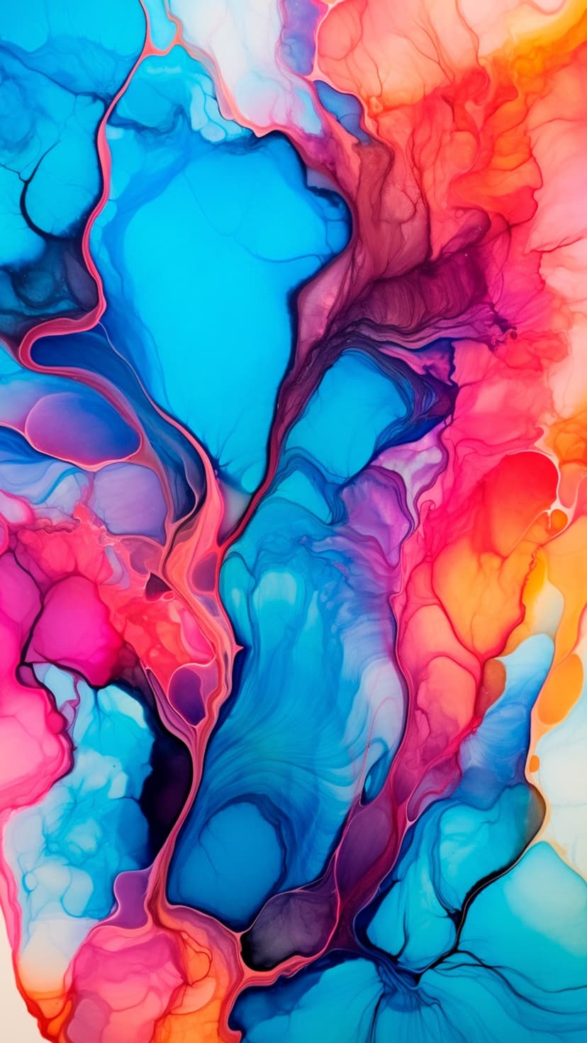 Swirling ribbons of electric blue, hot pink, and orange ink intermingle in a fluid, energetic composition.