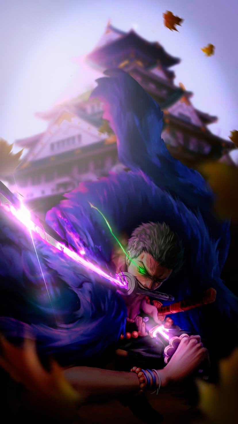 Swordsman with glowing green eyes holds three katanas before a Japanese castle during a moonlit autumn evening.
