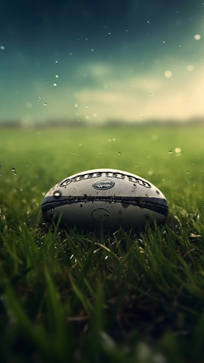 Textured rugby ball with water droplets resting on vibrant green grass under a blurred, moody sky background.