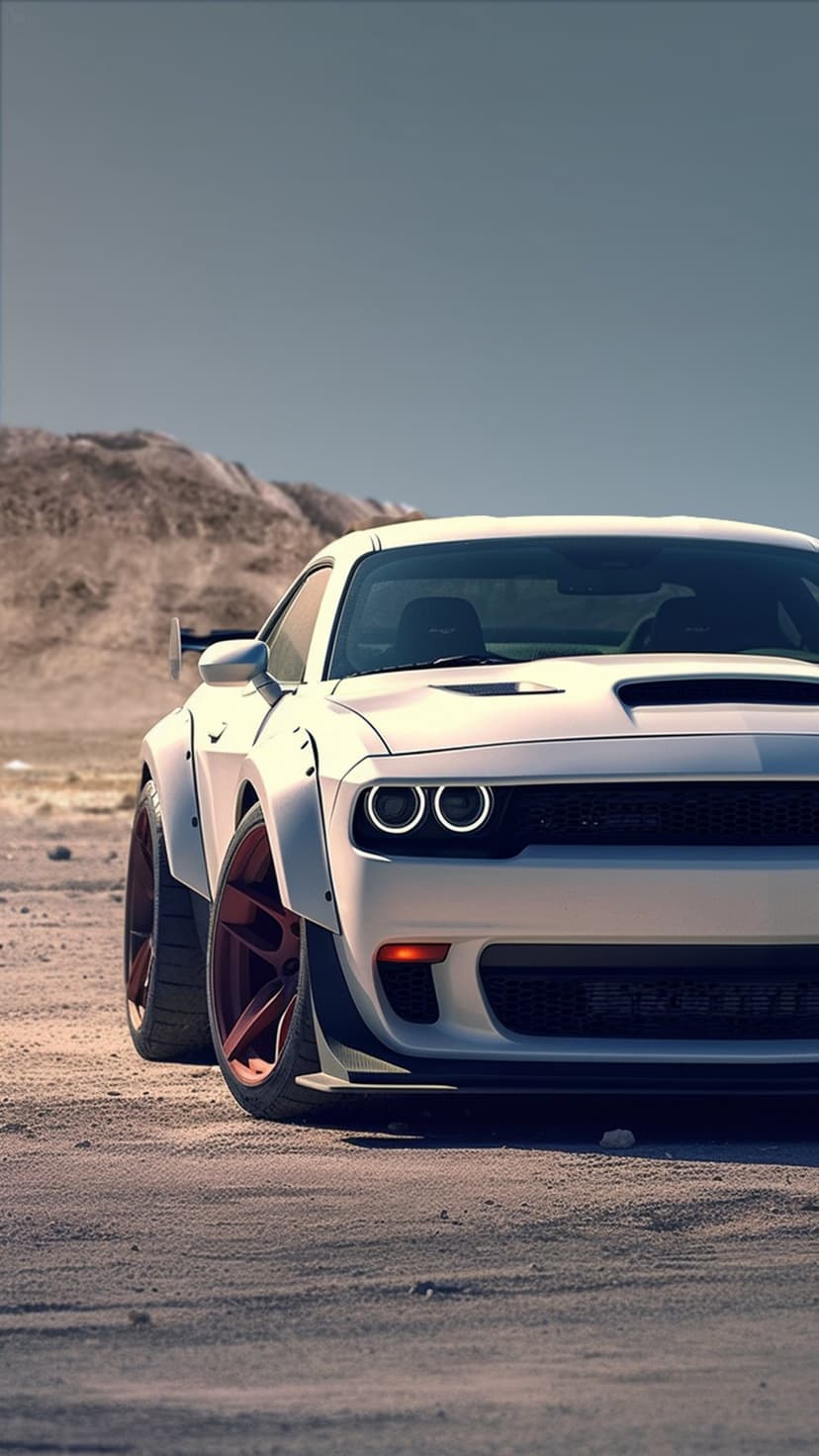 White Dodge Challenger Hellcat Widebody with copper wheels parked on a dusty desert road under a blue sky.