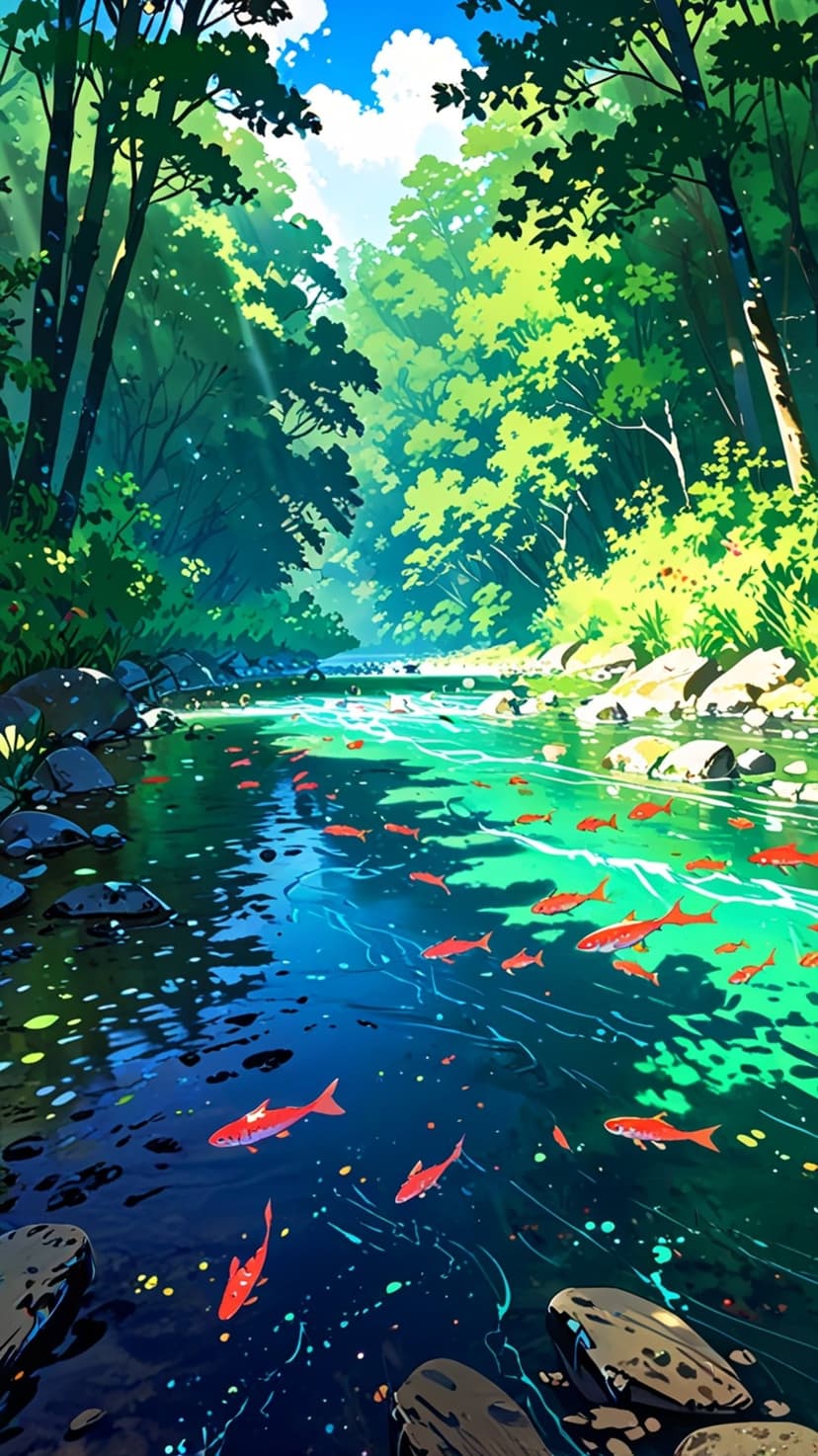 Crimson fish navigate a sparkling woodland river where bright rays of sunlight penetrate the green forest ceiling.