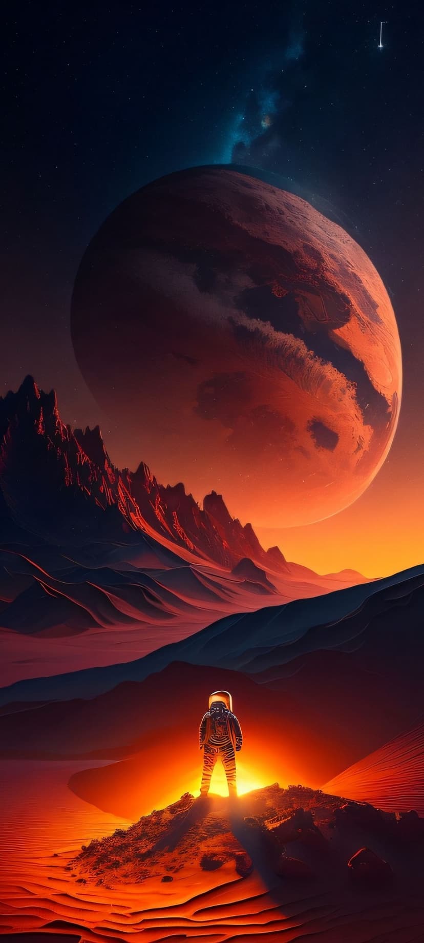 Astronaut standing on a rocky ridge overlooks a giant red planet and jagged mountains in a hazy desert.