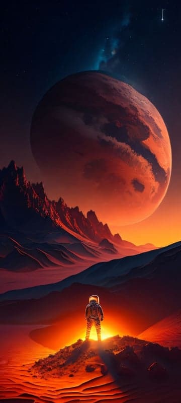 Astronaut surveys alien landscape with giant planet overhead