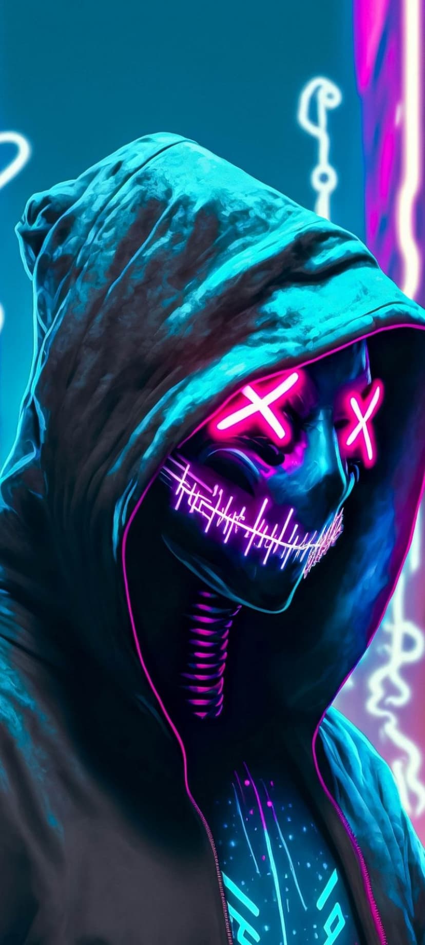 Masked figure with pink neon X eyes and glowing blue chest circuitry stands against a dark futuristic background.