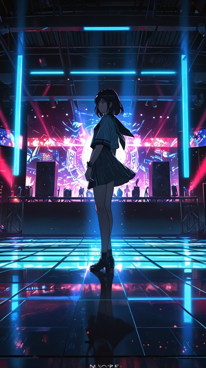 Young woman in a school uniform stands on a glowing neon stage with blue and pink spotlights and large speakers.