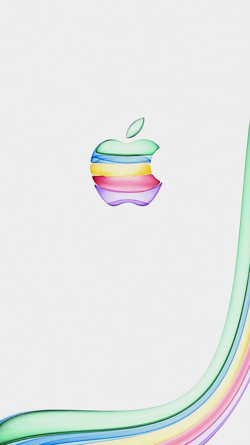 Apple logo made of translucent pastel waves beside a flowing colorful curve on a solid white background.