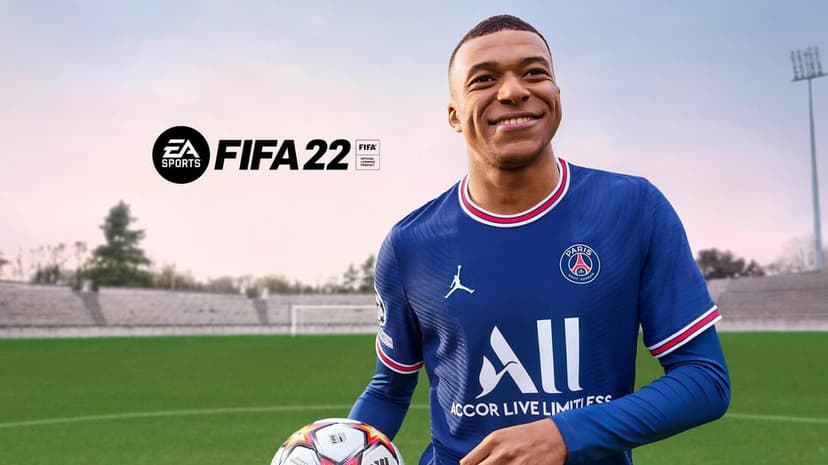 Kylian Mbappe in a blue PSG jersey smiling on a soccer field with the FIFA 22 logo and a football.