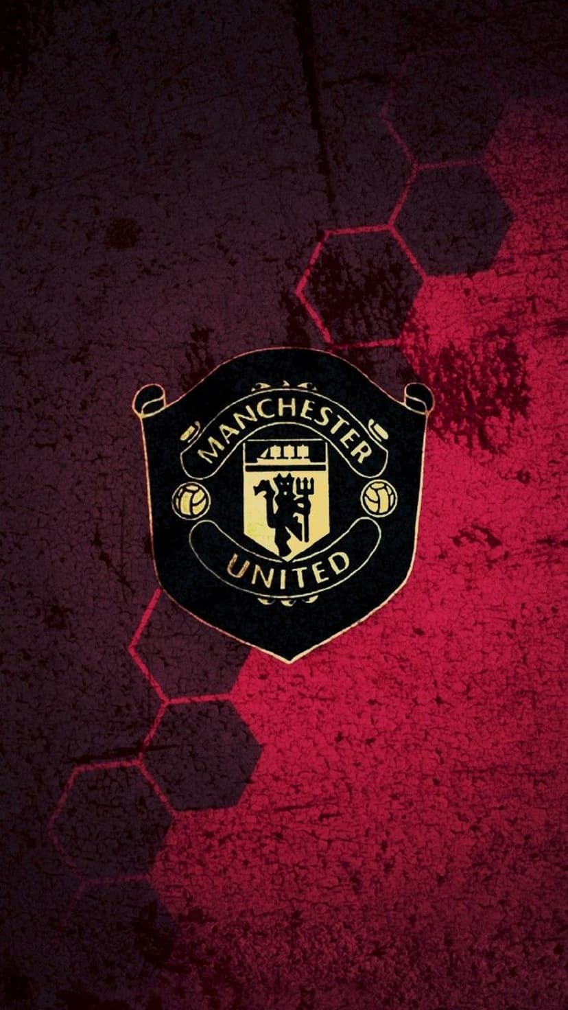 Manchester United crest with gold outlines centered on a dark red background with subtle hexagonal textures.