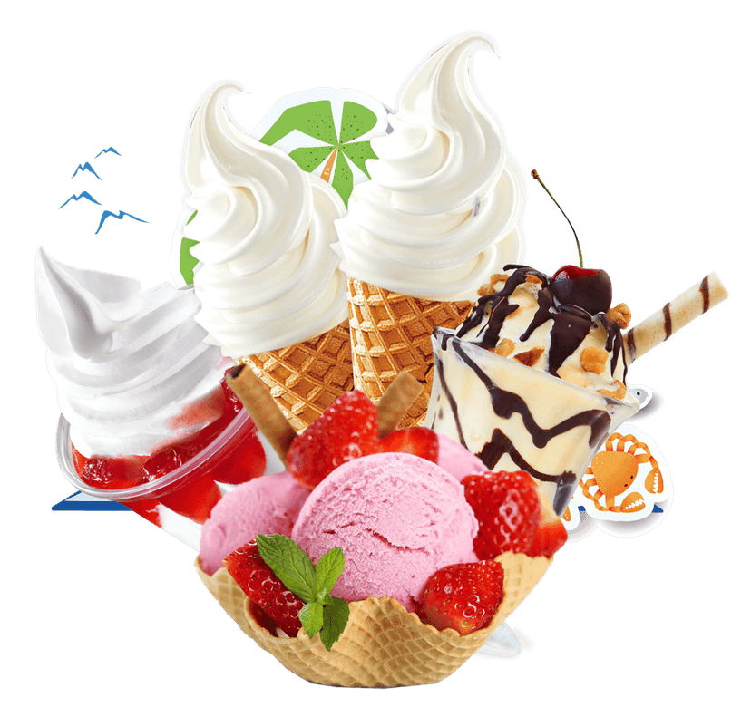 Ice cream sundae gelato yogurt assortment featuring glossy chocolate drizzle and fruit toppings in clear bowls.