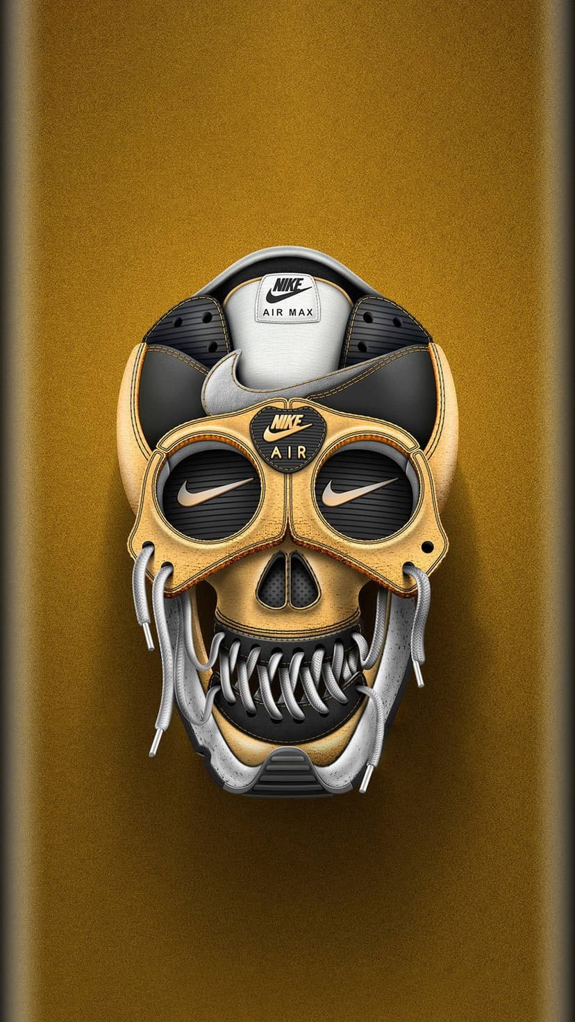 Human skull formed by gold Nike Air Max sneaker parts with a swoosh eye socket on a textured golden background.