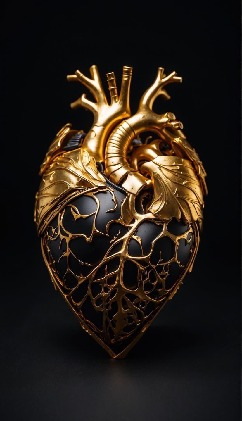 Golden anatomical heart sculpture with intricate metallic veins and leaf details centered on a black backdrop.