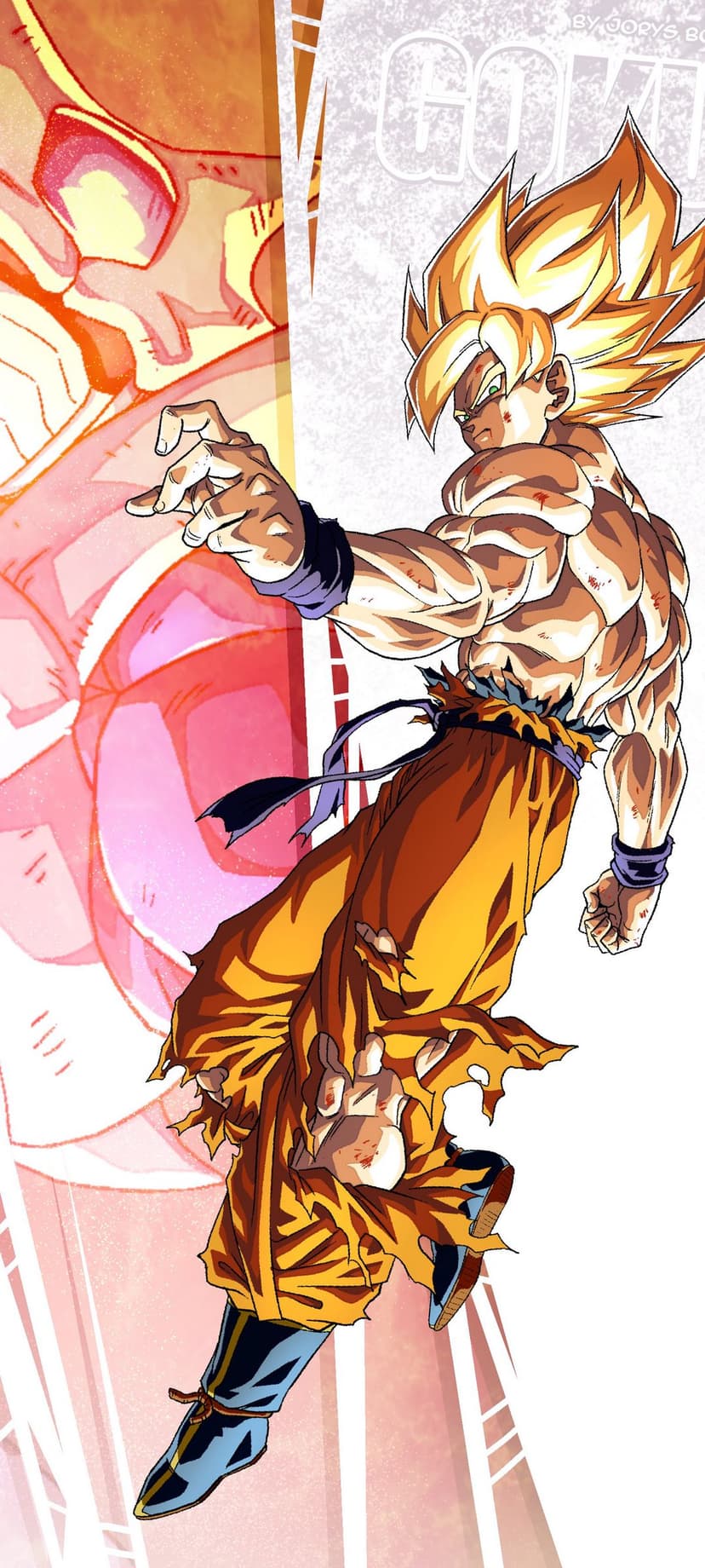 Goku in Super Saiyan form clenches his fists while a large Frieza face appears in the pink and orange background.