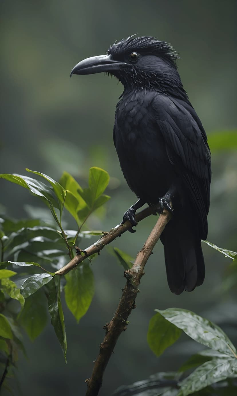 Black bird with a sharp beak perches on a branch among vibrant green leaves in a misty, out-of-focus forest.