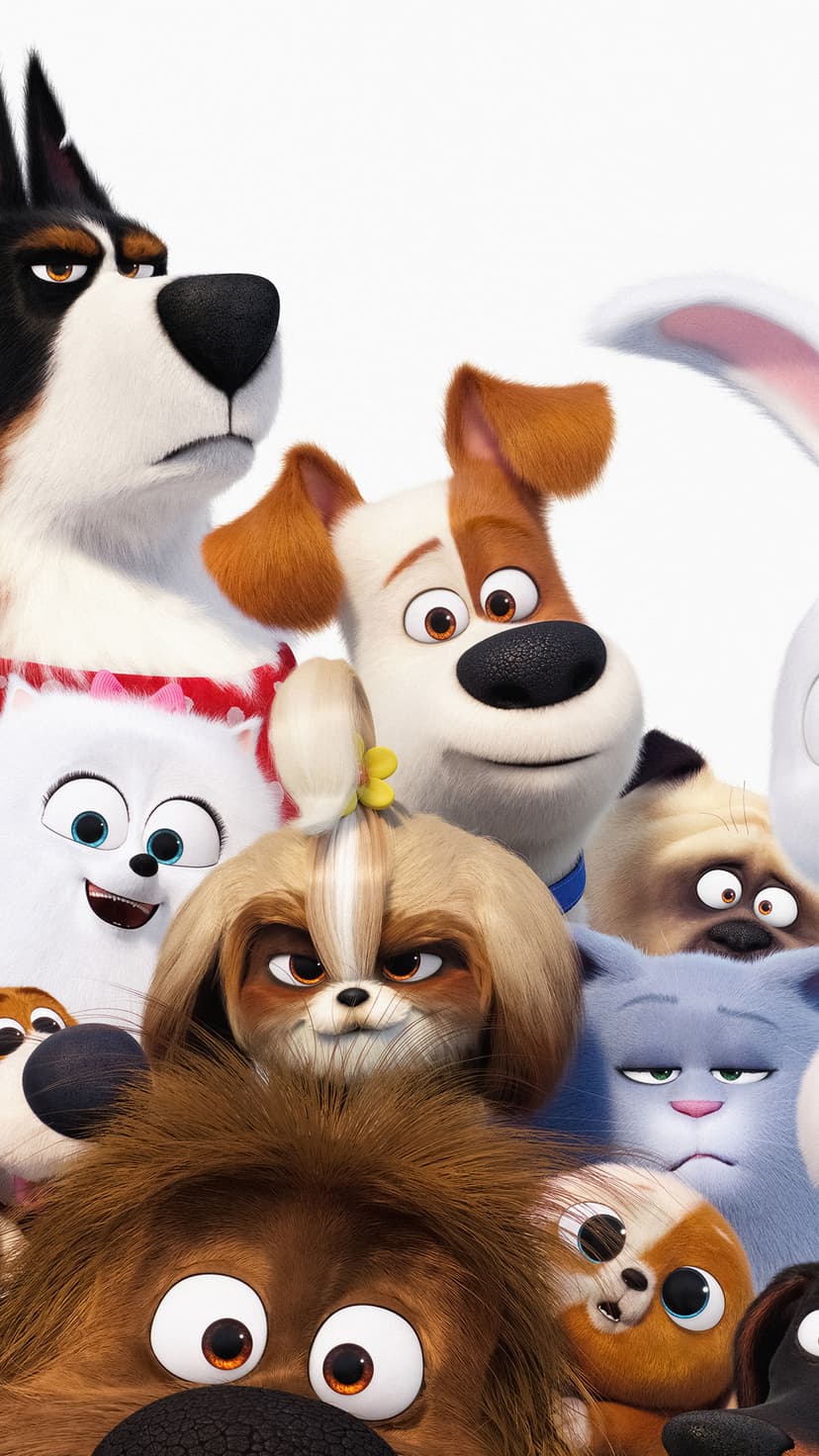 Max, Duke, Snowball, and Gidget stand together with expressive faces against a plain white background.