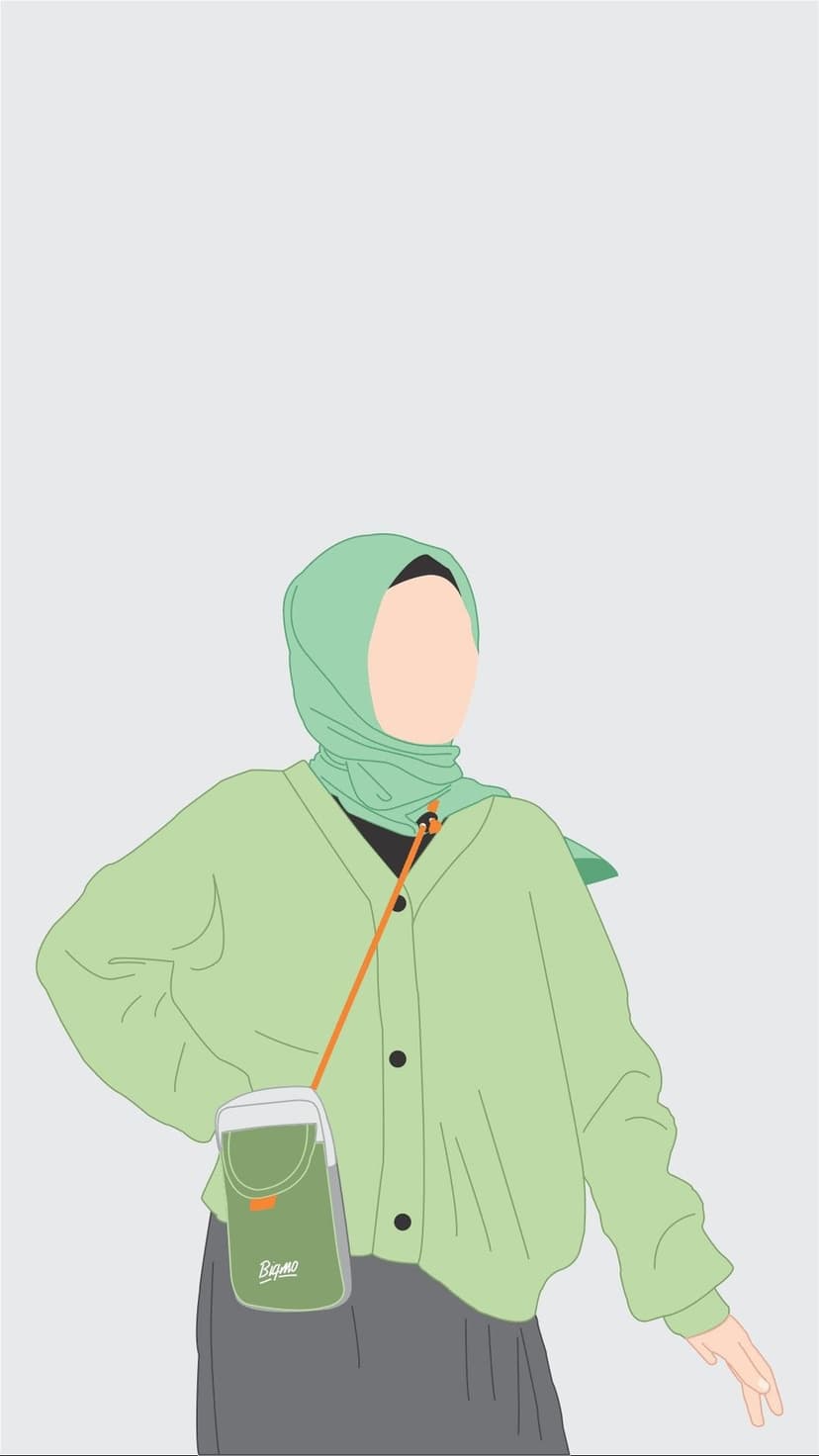 Muslim woman wearing a green hijab and cardigan with a small crossbody bag against a plain neutral background.