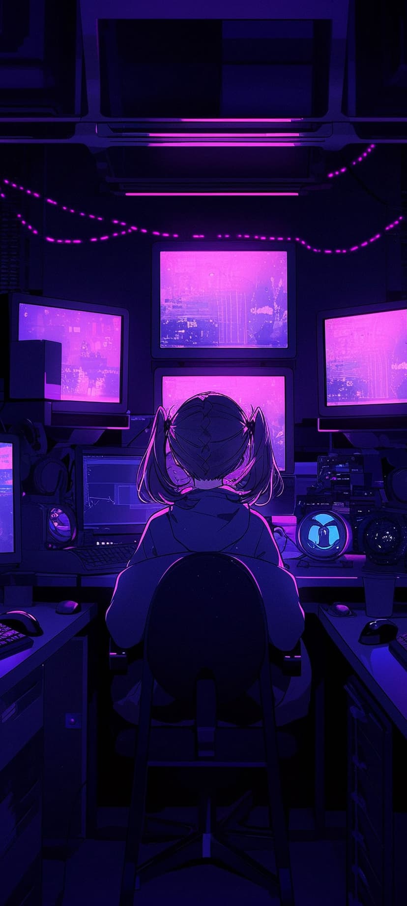 Pigtails anime girl codes at a desk illuminated by glowing purple monitors and strings of neon pink lights.