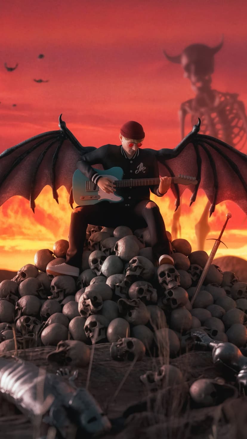 Winged guitarist in a red beanie plays a blue electric guitar while seated on a massive pile of human skulls.