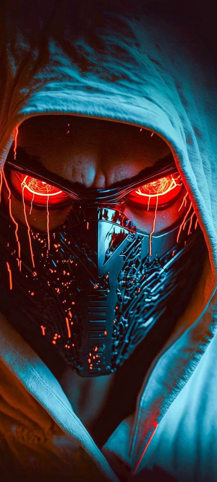 Cyberpunk character in a hooded mask with glowing red eyes amidst teal and orange neon atmospheric lighting.