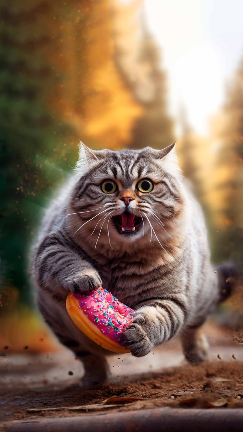 Tabby cat with a shocked expression runs while holding a pink sprinkled donut against a blurred green background.