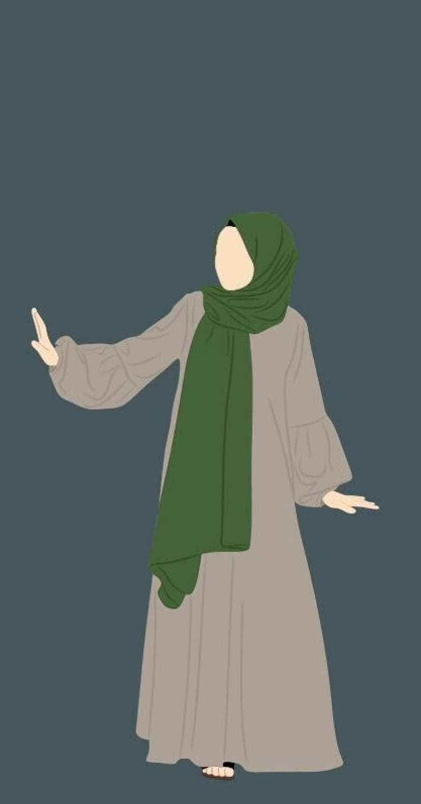 Woman wearing a green hijab and a taupe abaya with puffy sleeves against a minimalist neutral background.