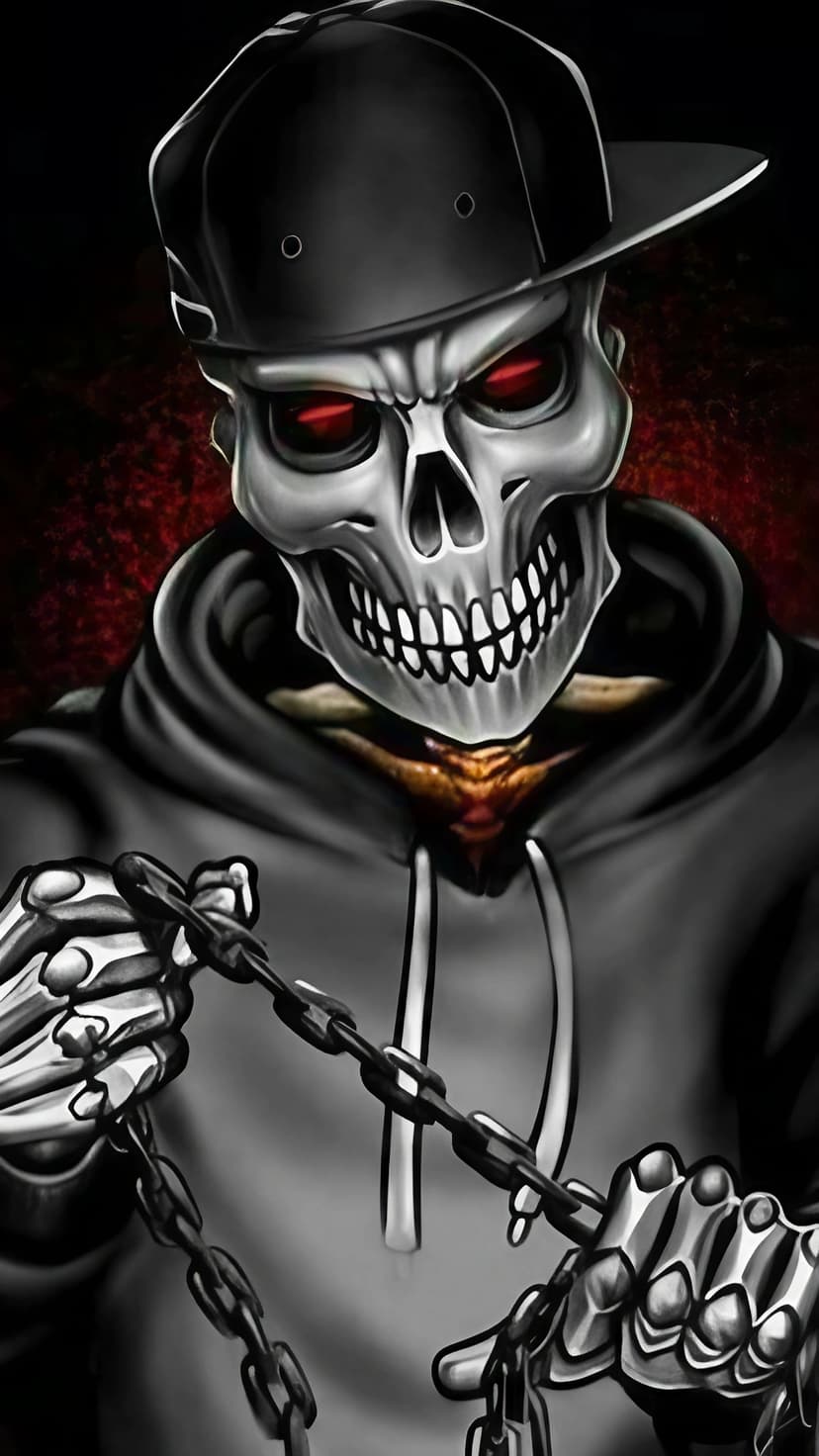 Hooded skull with glowing red eyes and a baseball cap holding a heavy iron chain against a dark background.