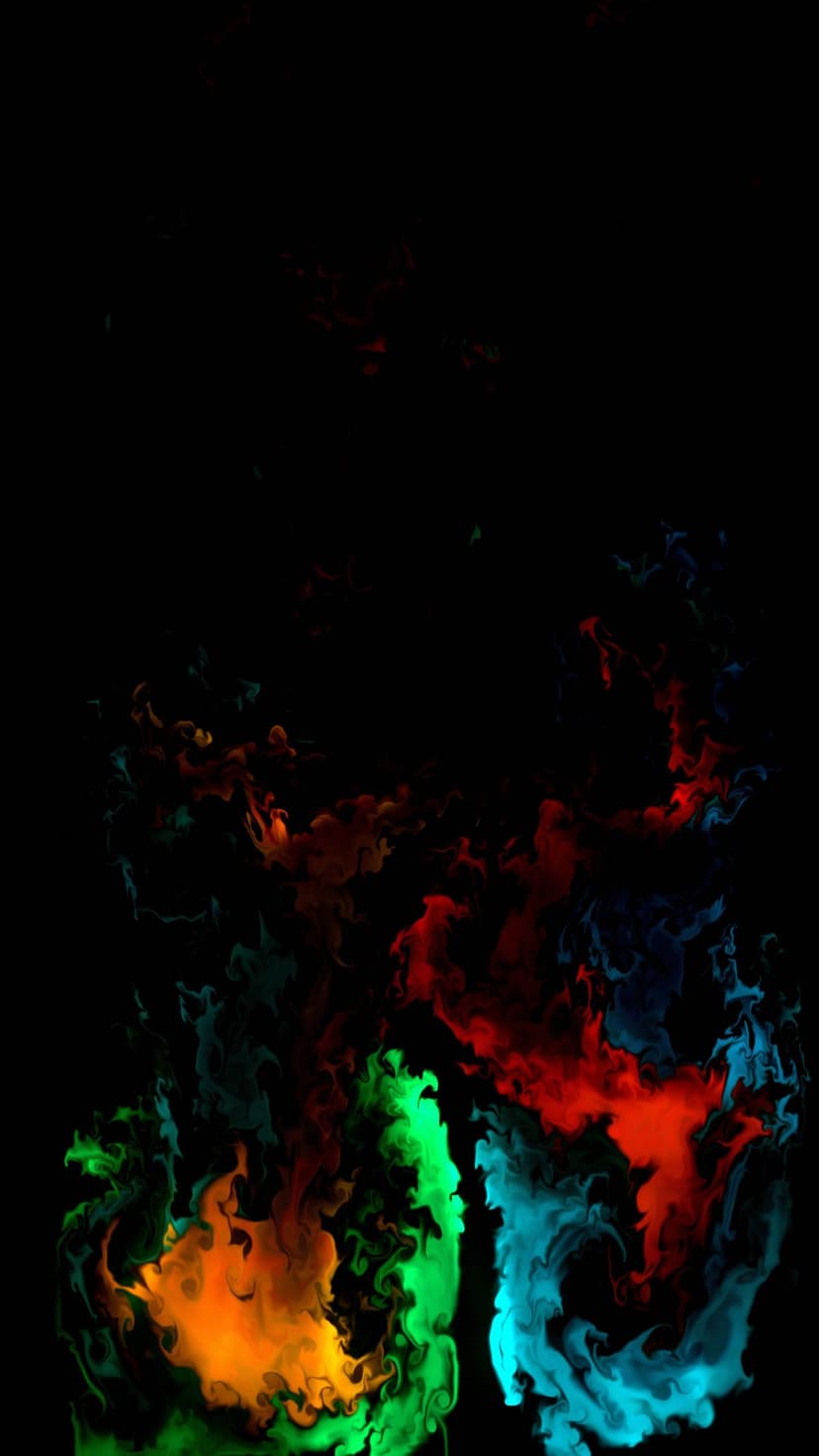 Luminous swirls of orange, green, and blue fluid intertwine against a black background in a vertical layout.