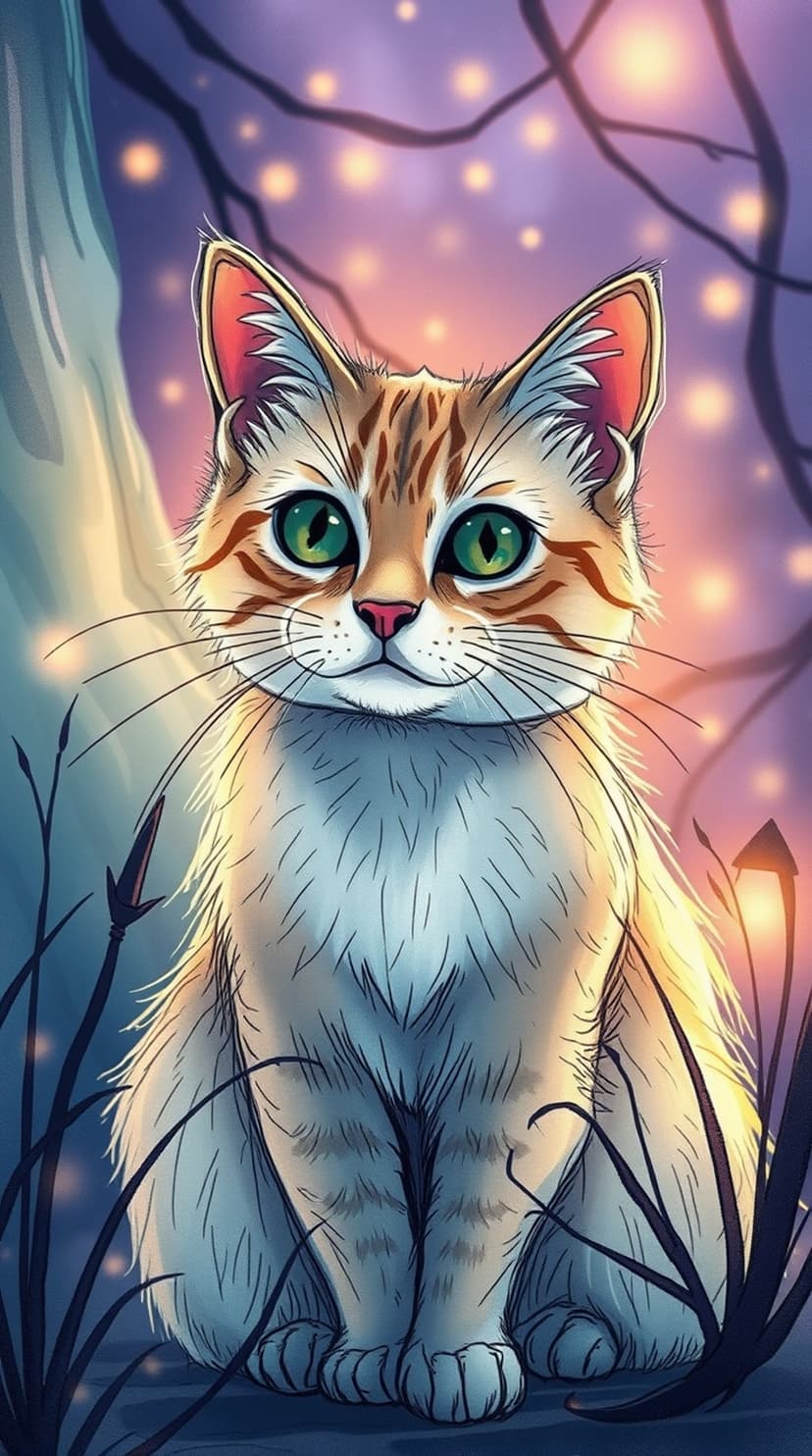 Ginger tabby cat with green eyes sitting in a purple forest at night with glowing orbs and dark tree branches.