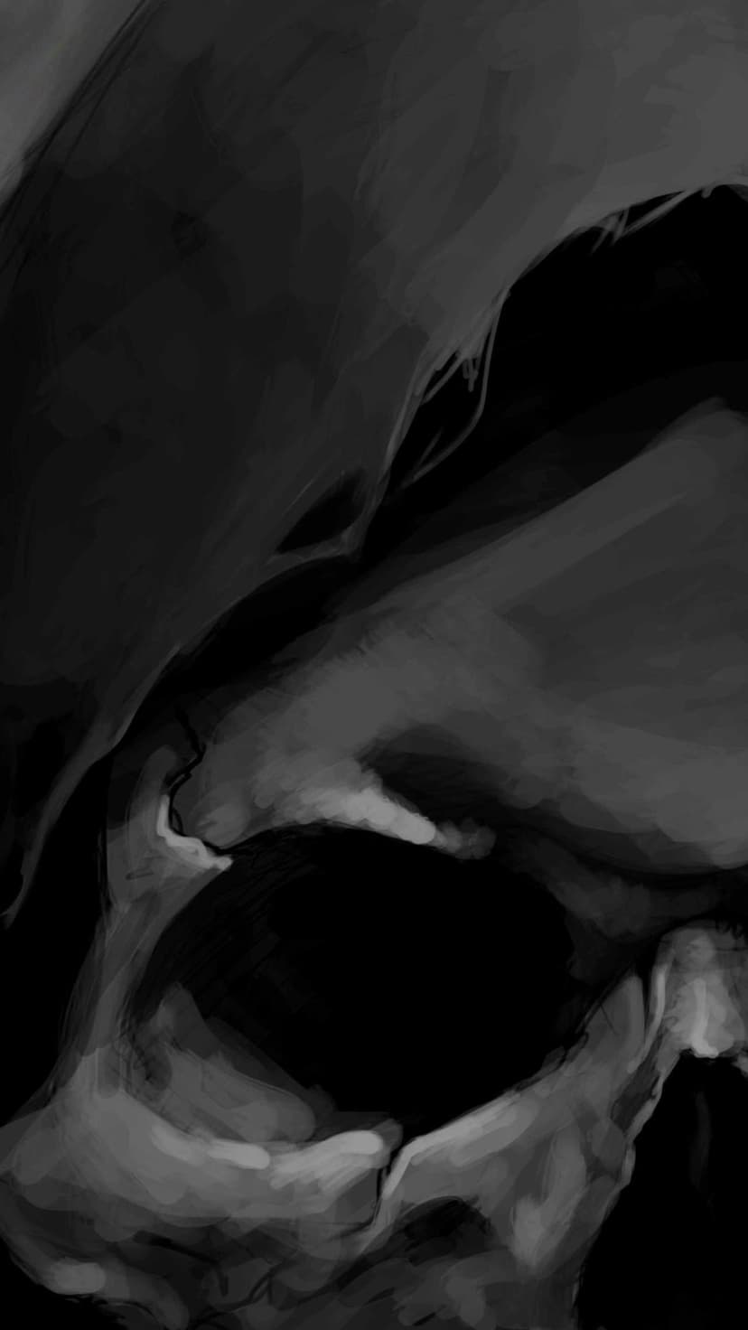 Human skull with deep eye sockets and expressive brushstrokes rendered in high-contrast black and white tones.