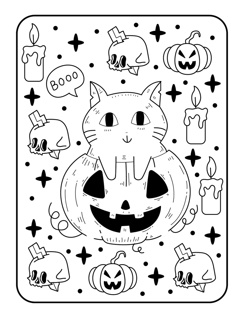 Halloween coloring page cat inside carved pumpkin surrounded by dripping candles, lightning skulls, and stars.