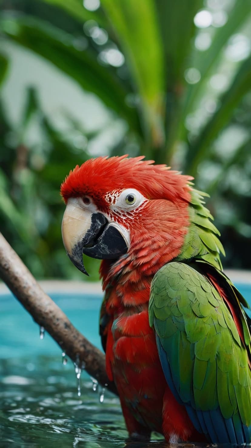 Red macaw parrot with green wings perched on a branch above a blue tropical river amidst lush jungle leaves.
