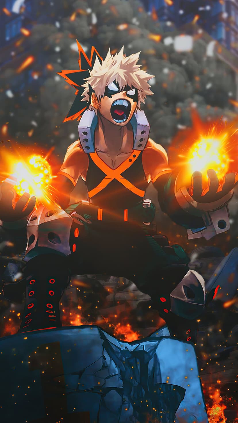 Katsuki Bakugo lunges forward with glowing palms amid orange sparks, smoke, and debris from a massive explosion.