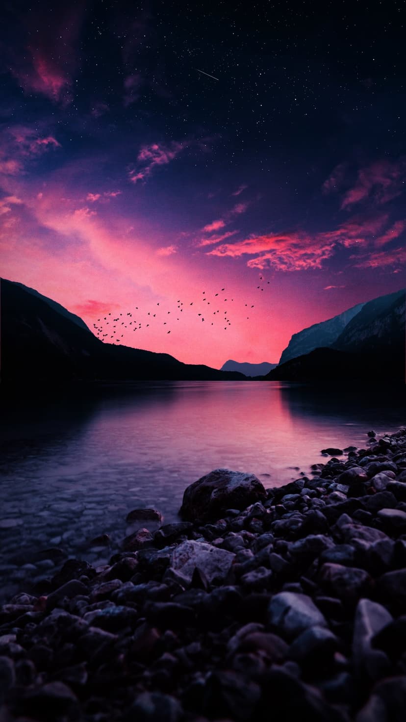 Jagged mountains silhouetted against a purple sunset sky with stars, flying birds, and a calm reflective lake.
