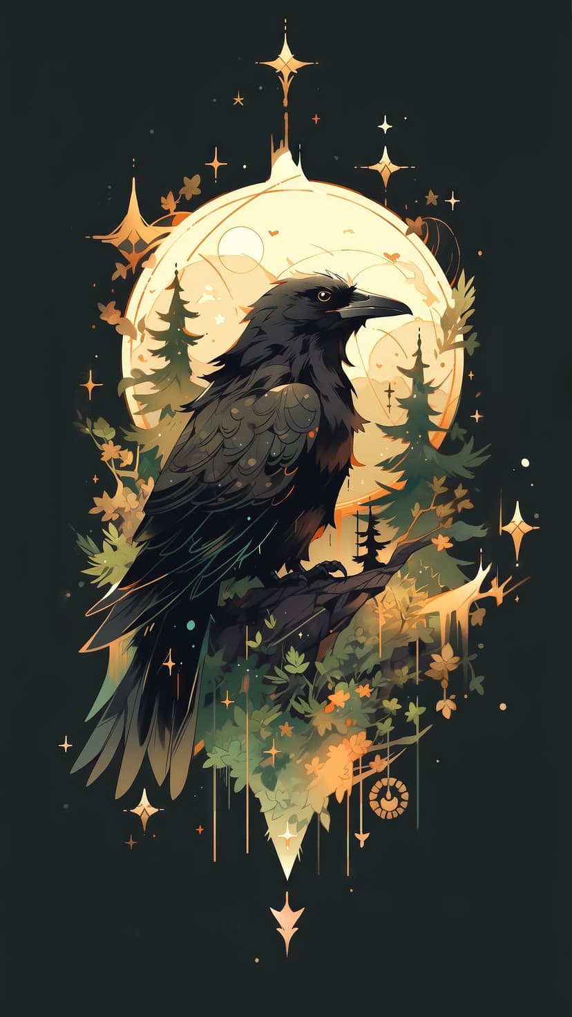 Black raven perched on a branch before a massive glowing moon and starlit sky in a dark, atmospheric forest.