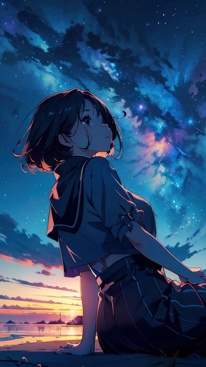 Short-haired girl sits on a beach looking up at a purple galaxy and orange sunset reflecting on the ocean water.