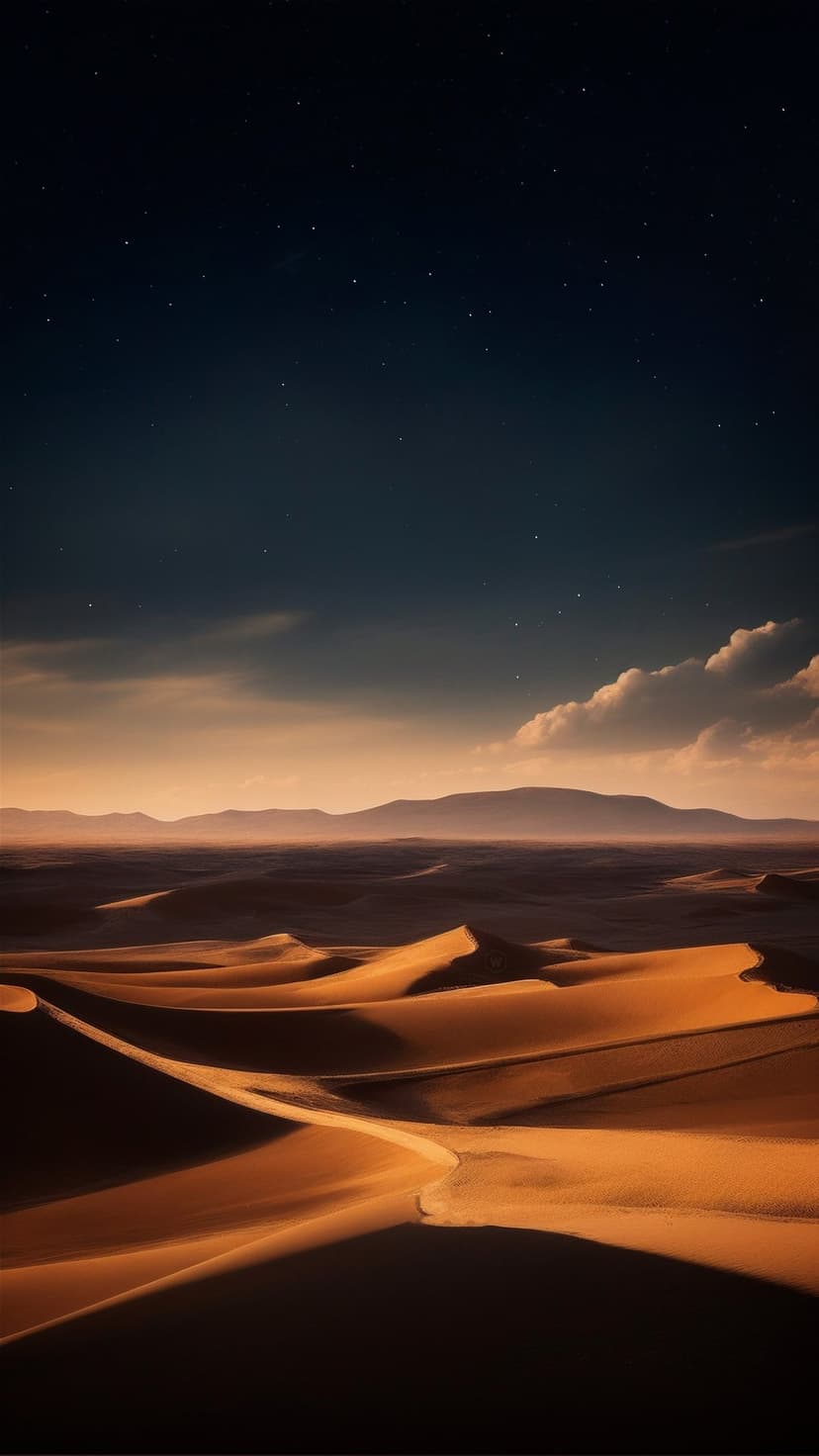 Sand dunes curve toward silhouetted mountains under a starry night sky and orange sunset glow on the horizon.