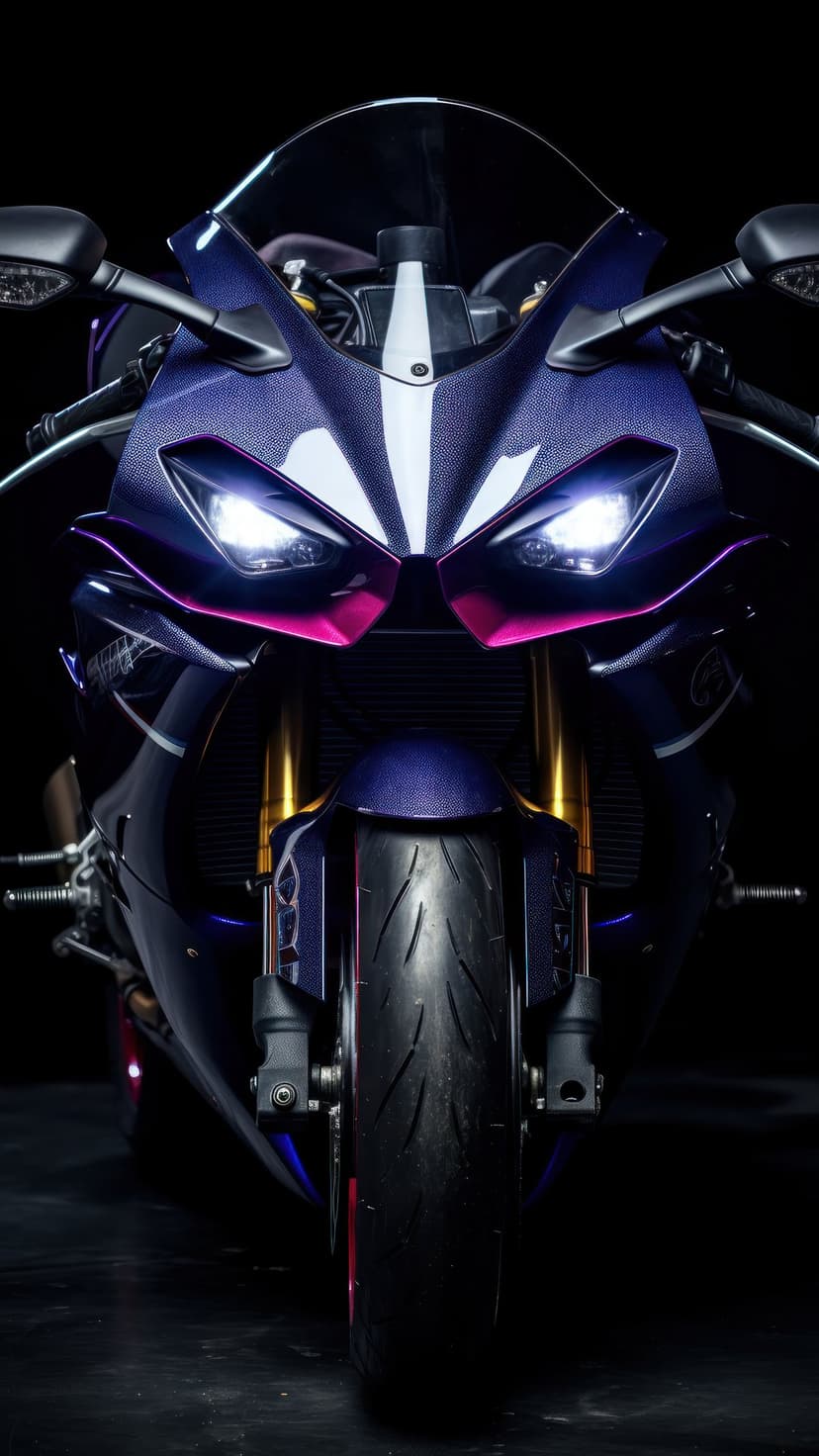 Dark blue sportbike with glowing LED headlights and pink trim viewed from a low angle on a black background.