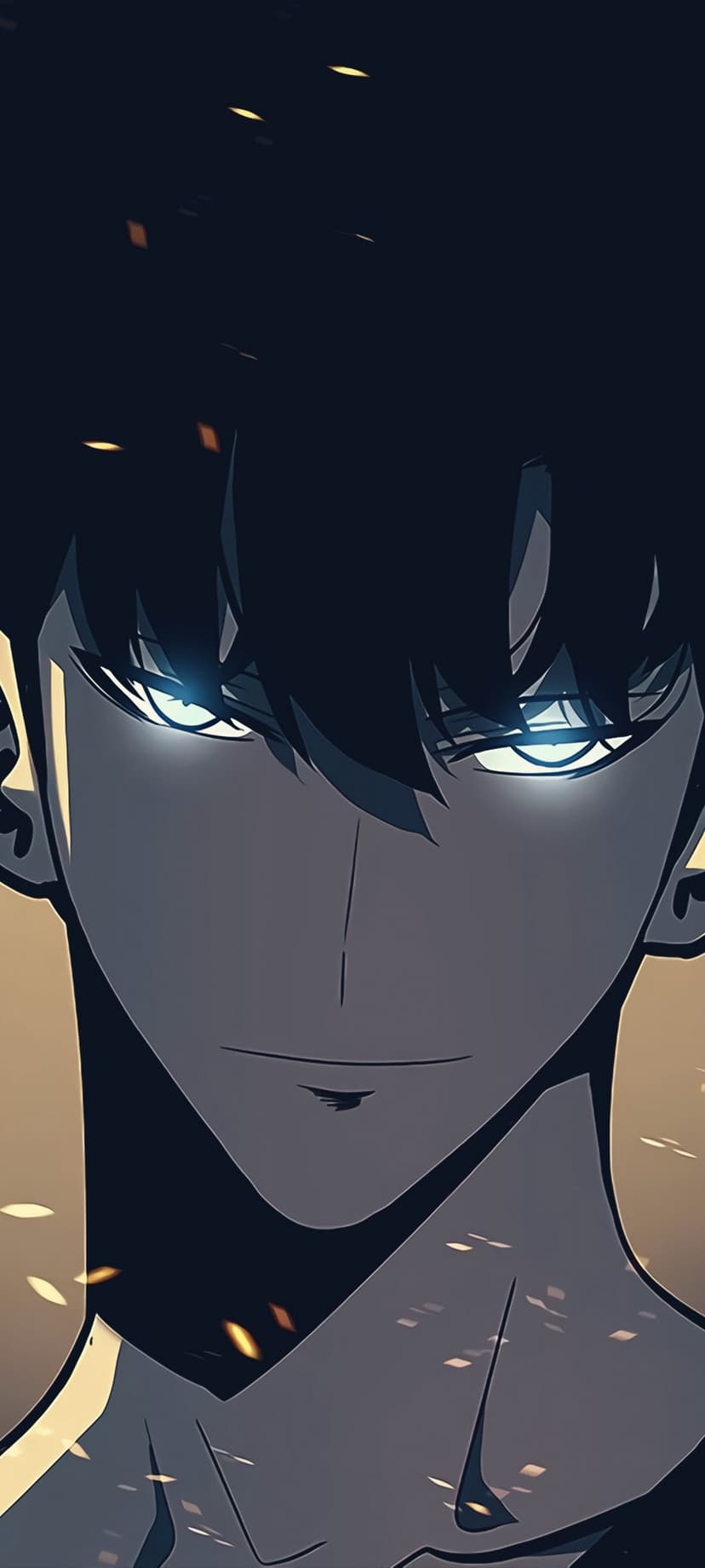 Sung Jinwoo gazes forward with glowing blue eyes and dark messy hair against a warm particle-filled background.