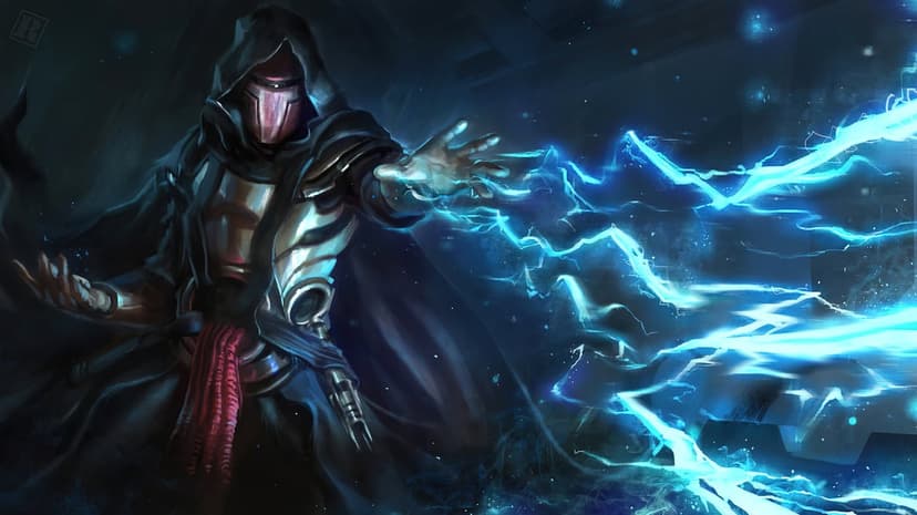 Darth Revan wearing a hooded mask casts vibrant blue Force lightning from his hand into a dark atmosphere.