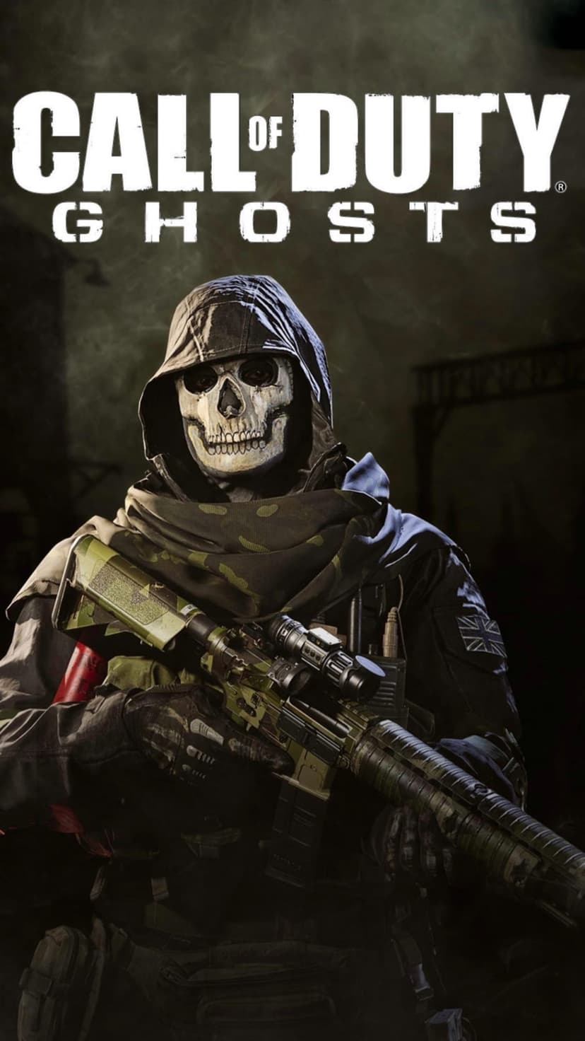 Soldier wearing a skull mask and dark hood holds a camouflaged rifle against a dark and shadowed backdrop.