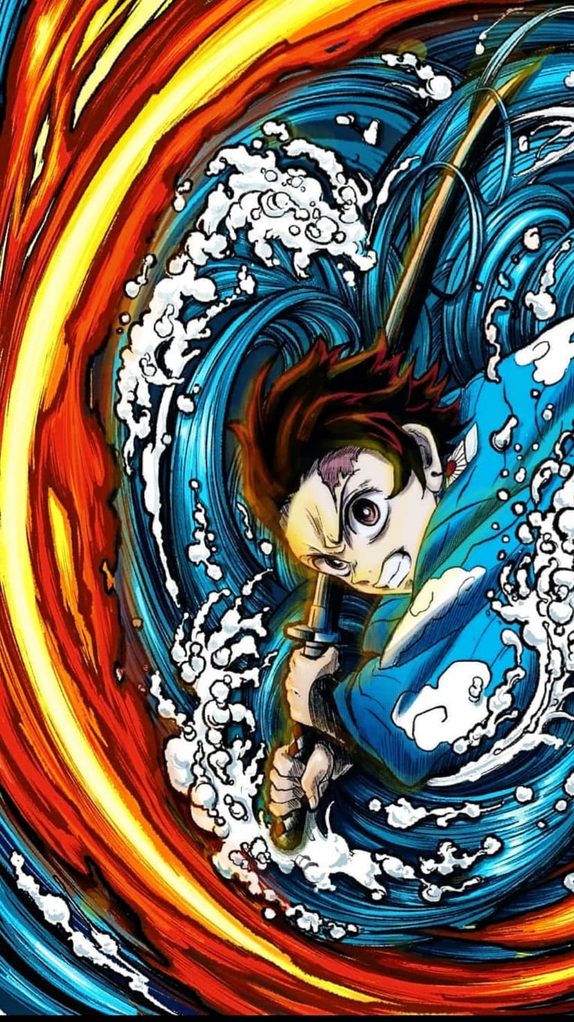Swordsman in a dark uniform wields a katana amidst swirling orange flames and blue ocean waves in a combat pose.